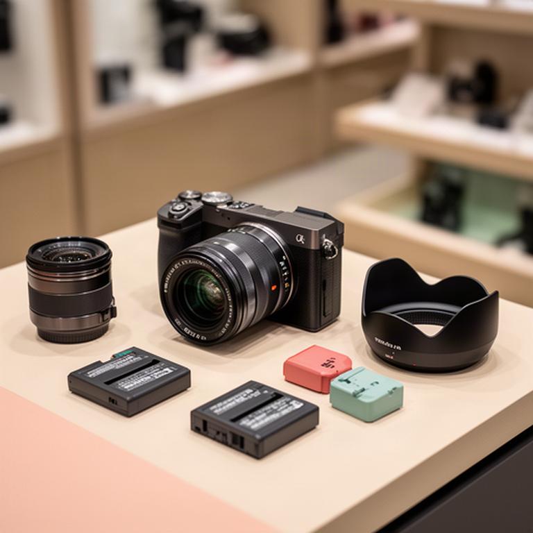 Cámara sin espejo, objetivo y accesorios fotográficos organizados en el mostrador de una tienda