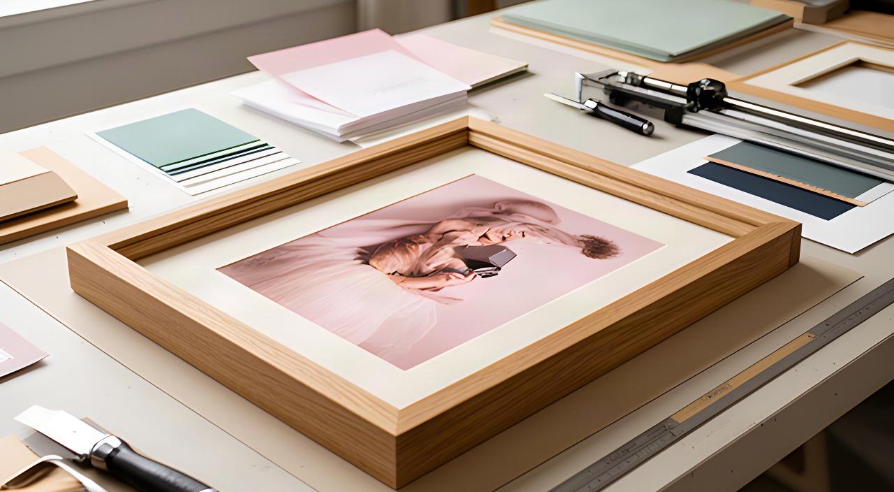 Impresión fotográfica artesanal colocada en un marco de madera sobre una mesa de trabajo