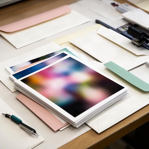 Impresiones fotográficas organizadas junto a sobres de entrega en una mesa de trabajo