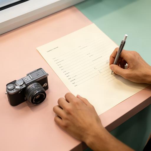 Cliente rellenando un formulario de contacto junto a una cámara compacta