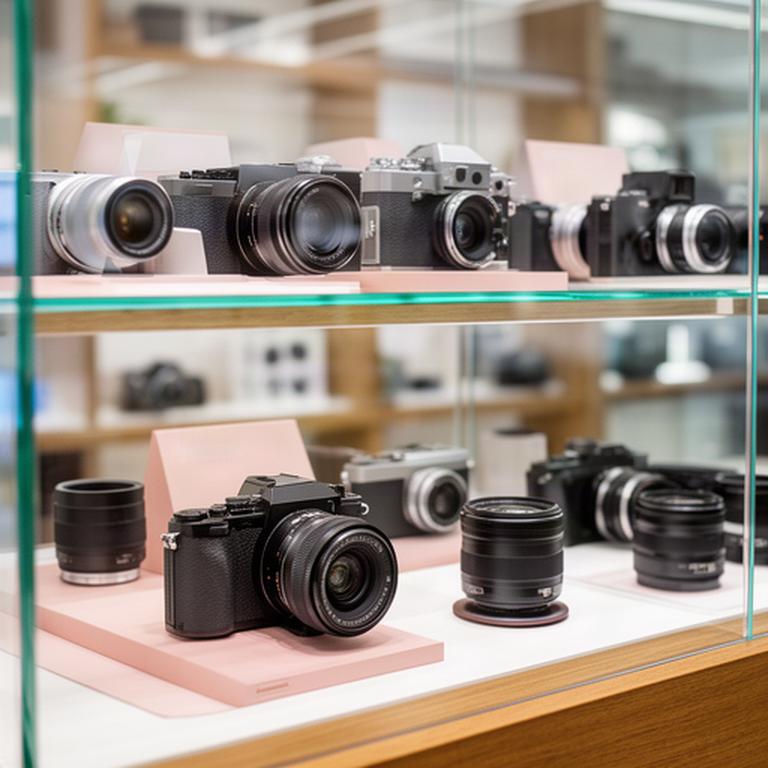 Escaparate interior con cámaras fotográficas y objetivos expuestos en una tienda