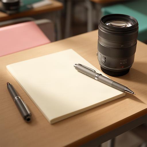 Cuaderno de inscripción para un curso de fotografía junto a un objetivo y un bolígrafo