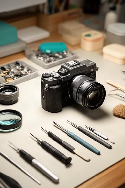 Mesa de reparación fotográfica con cámara, destornilladores y herramientas de precisión