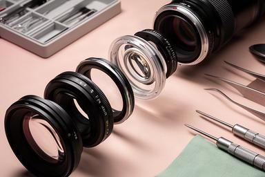 Objetivo fotográfico desmontado junto a herramientas de precisión