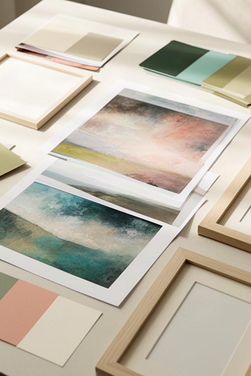 Fotografías impresas sobre una mesa junto a muestras de papel y marcos