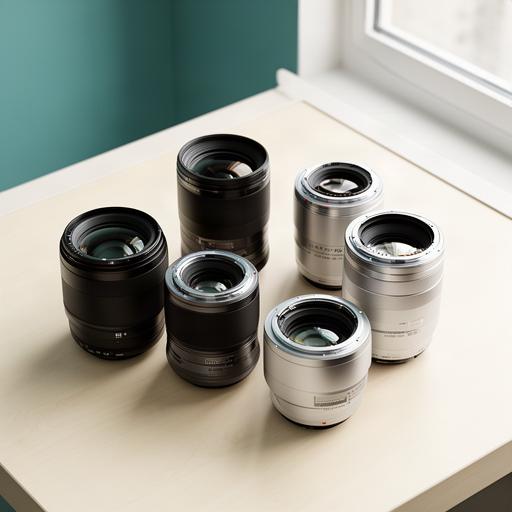 Varios objetivos fotográficos con sus monturas visibles sobre una mesa clara
