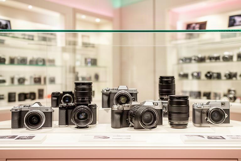 Cámaras sin espejo y objetivos expuestos en una vitrina luminosa de una tienda de fotografía