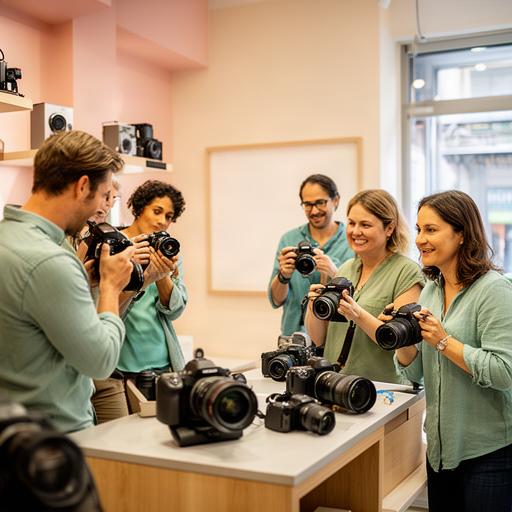 Grupo reducido practicando fotografía con cámaras en el interior de la tienda