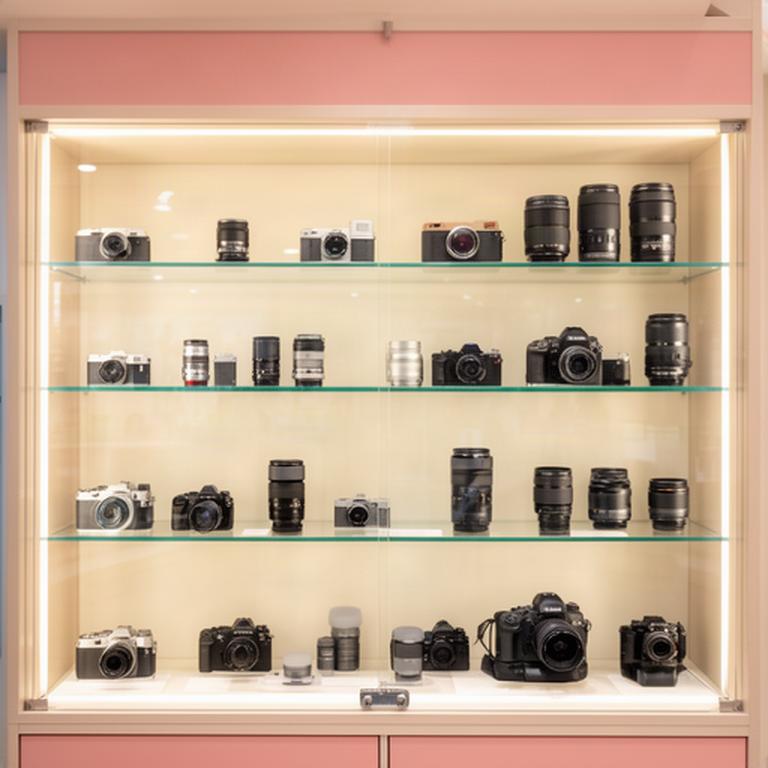 Vitrina con cámaras y objetivos ordenados por tamaño en una tienda de fotografía