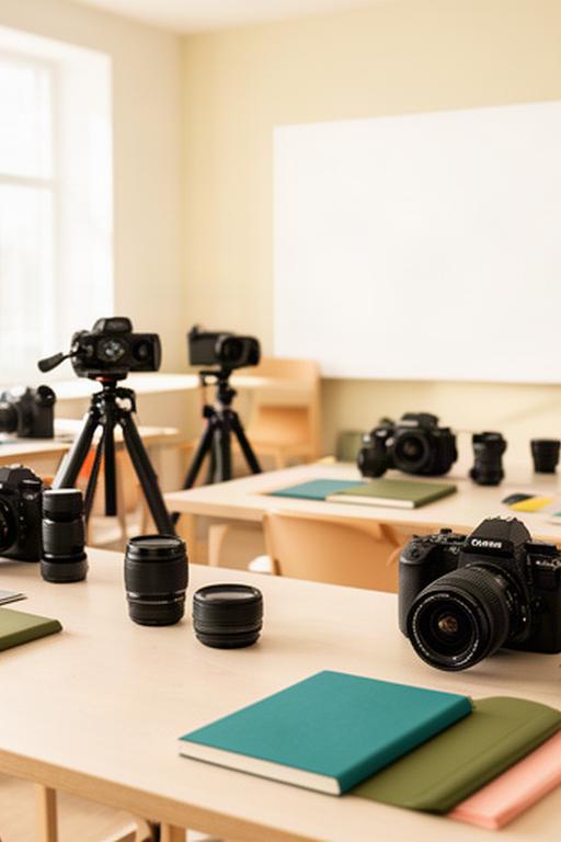 Aula de fotografía con cámaras sobre mesas preparadas para una clase práctica