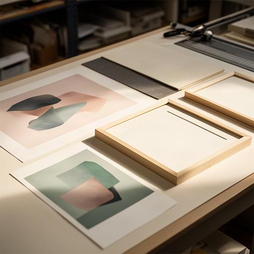Copias fotográficas impresas junto a muestras de papel y marcos en un taller de impresión