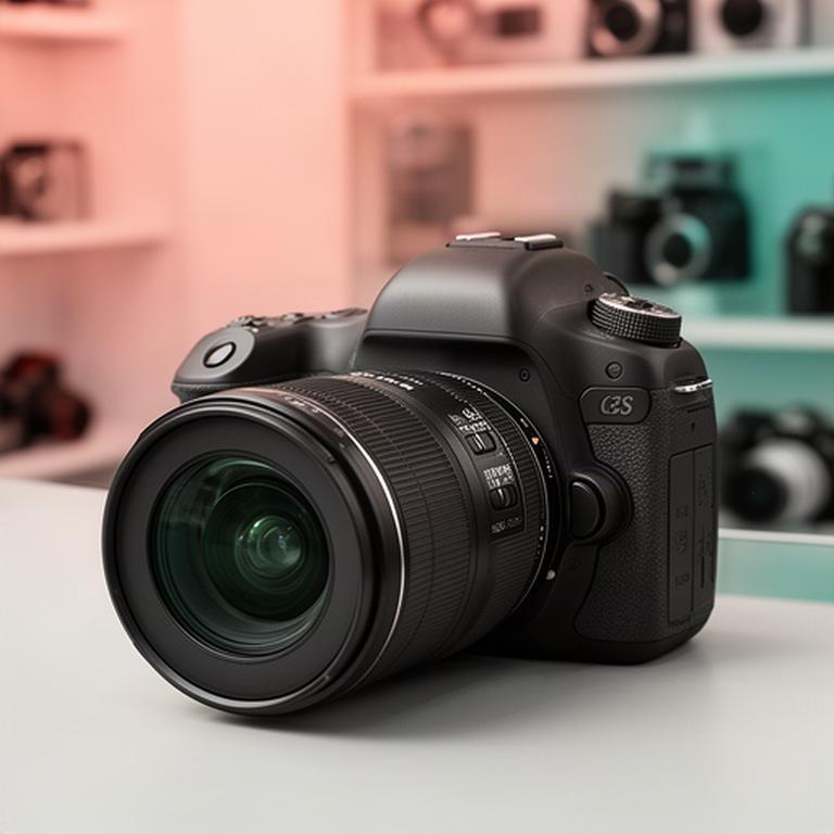 Cámara réflex negra con objetivo luminoso sobre el mostrador de una tienda de fotografía