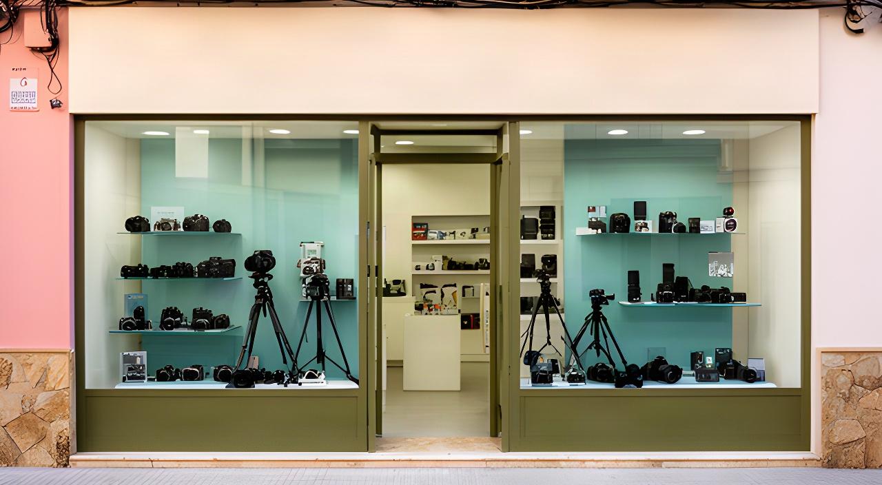 Entrada de una tienda de fotografía en Morón de la Frontera con escaparate de cámaras y accesorios
