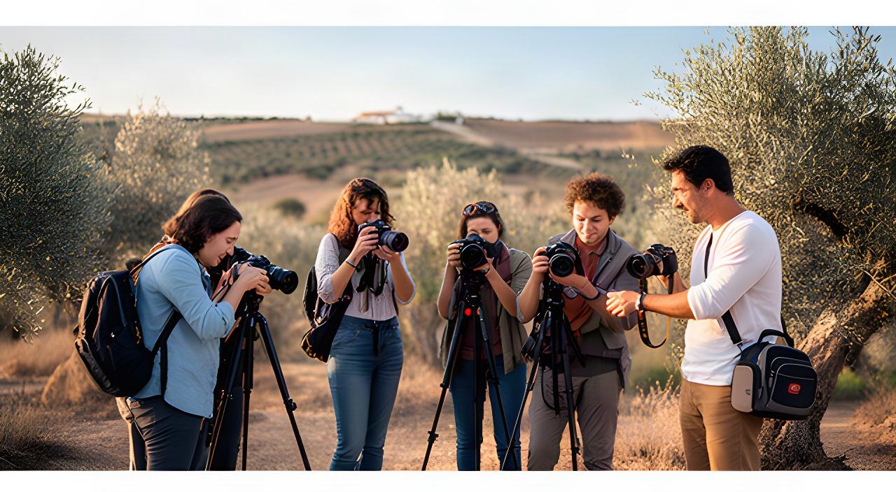Grupo reducido practicando fotografía al aire libre durante una sesión guiada en Morón de la Frontera