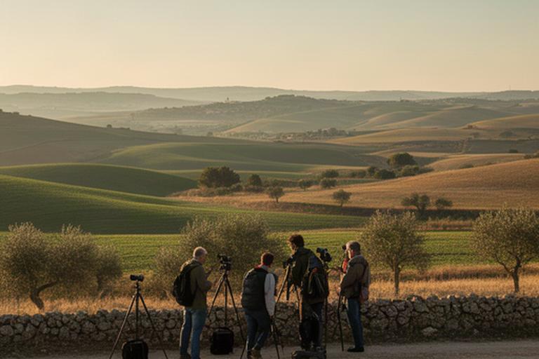 Grupo observando un paisaje de la campiña sevillana durante una salida fotográfica
