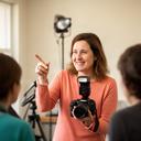 Formadora de fotografía explicando el uso de un flash en un aula pequeña