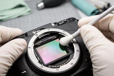 Limpieza cuidadosa del sensor de una cámara en un taller fotográfico